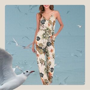 Women’s Jumpsuit Sz M Tropical Print Sleeveless Elastic Waist‎ Pockets Tie Hem